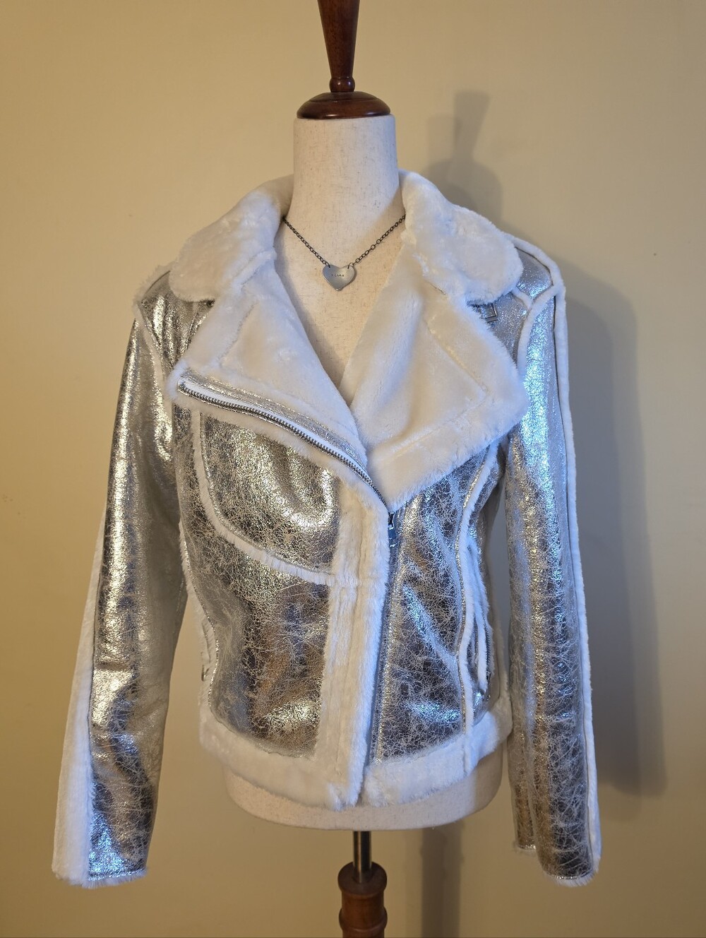 Silver Faux-Shearling Moto Jacket